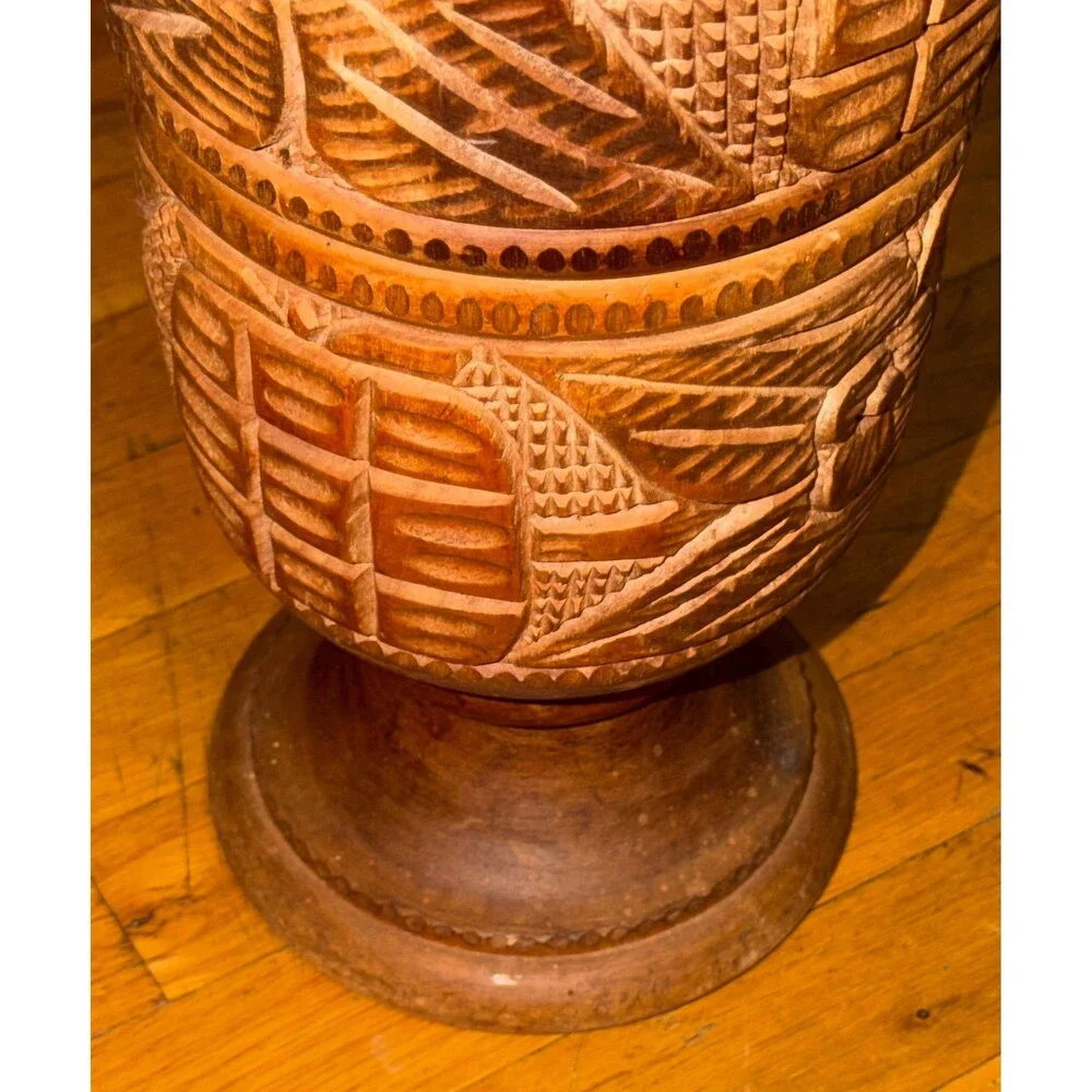 Hand Carved Wooden African Tribal Vase Urn 20” Tall Folk Art Floral Geometric